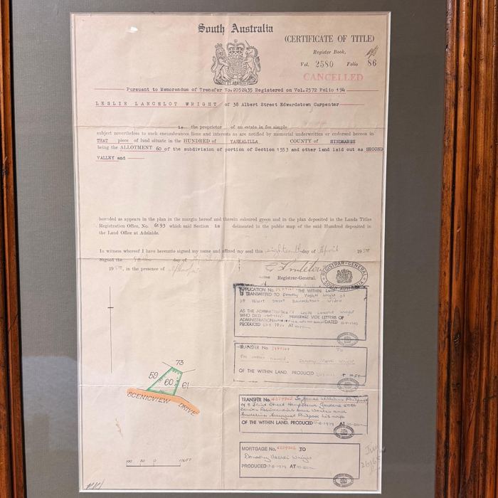 Framed 1958 certificate of title for the Scenic View Drive block, Second Valley
