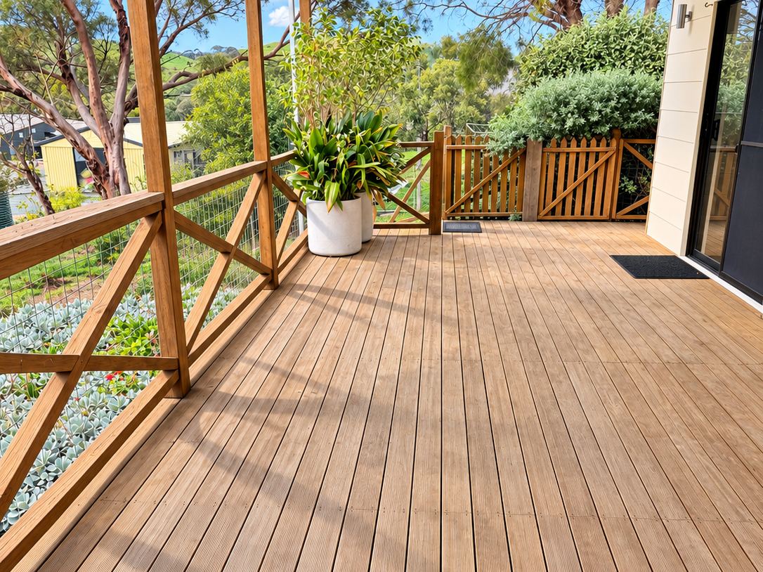 Sunny timber deck with planters and garden gate at Sandy Feet Retreat